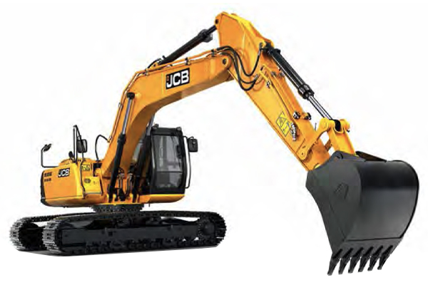 Turned JCB excavator with a fully extended shovel.