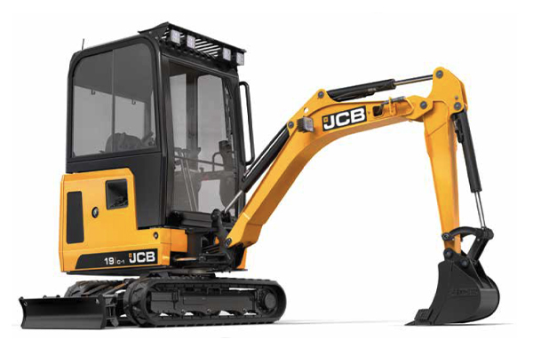 Side & front view of a turned JCB mini excavator machine with extended shovel.