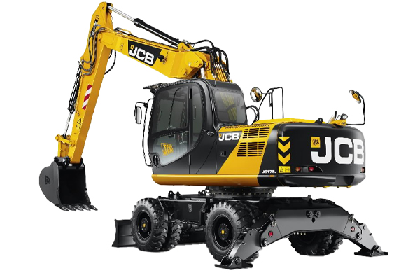 A JCB Wheeled Excavator machine with raised shovel and lowered stabilisers.